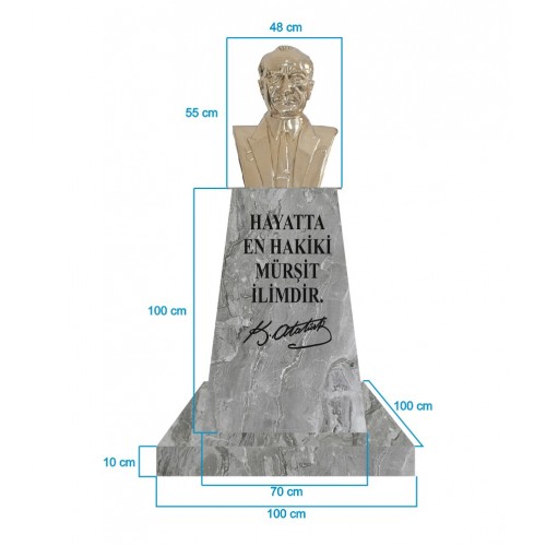 Atatürk Büstü (55cm Pirinç)+ Kaide (100cm)+ Alt Tabla (100x100cm) Mermer Desenli Gri